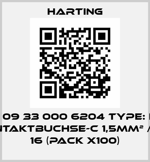 P/N: 09 33 000 6204 Type: Han E-Kontaktbuchse-c 1,5mm² / AWG 16 (pack x100) Harting
