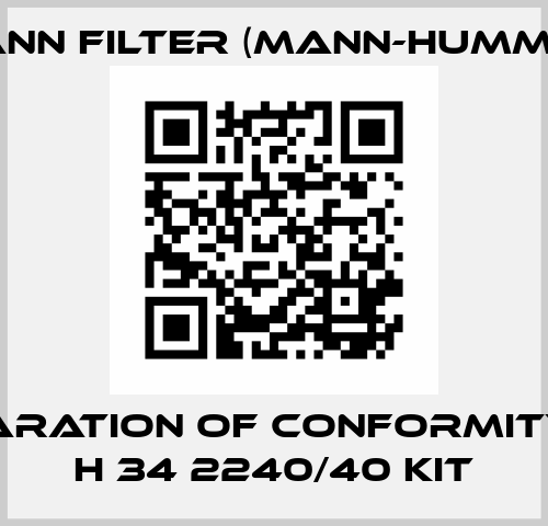 Declaration of conformity for H 34 2240/40 KIT Mann Filter (Mann-Hummel)